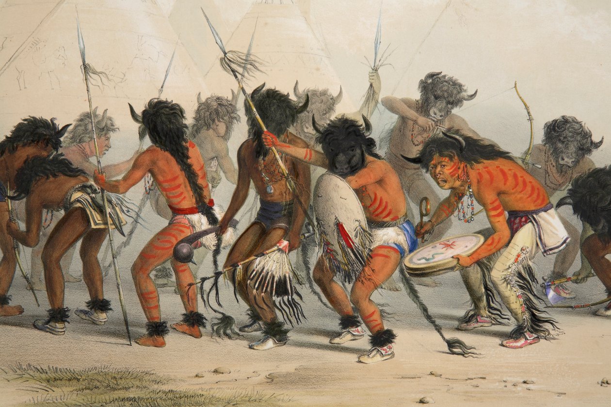 Buffalo Dance detalje, pub. 1845 farvelitografi. af George Catlin