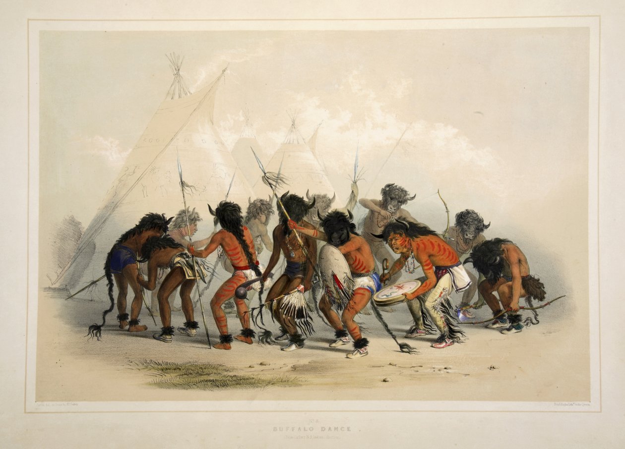 Buffalo Dance, fra Catlins North American Indian Portfolio. Jagtscener og forlystelser i Rocky Mountains og Prairies of America, pub. 1845 af George Catlin