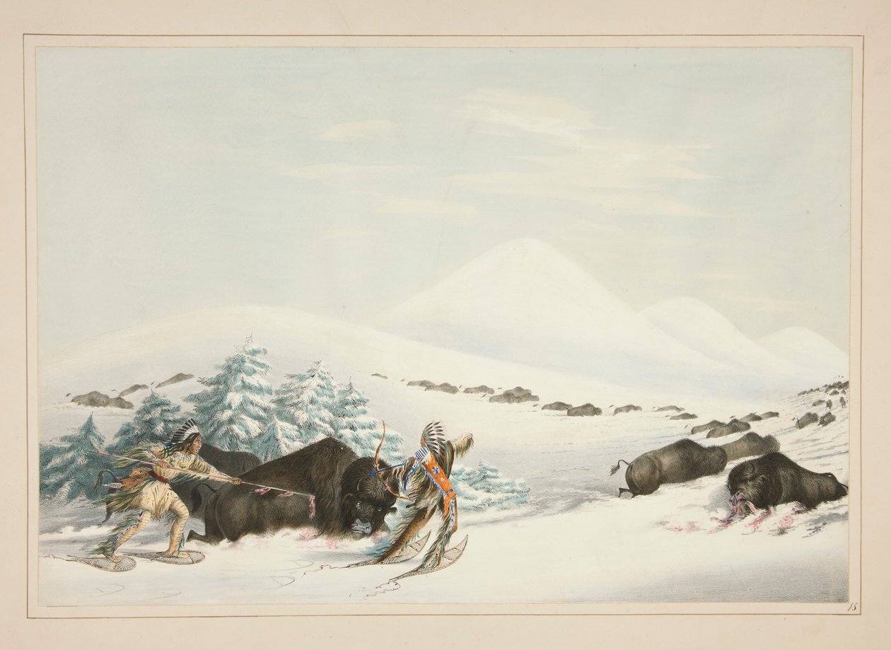 Buffalo Hunt, På snesko, pl. 15 fra North American Indian Portfolio af George Catlin