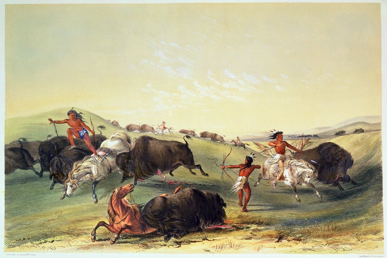 Buffalo Hunt, plade 7 fra Catlins North American Indian Collection, graveret af McGahey, Day og Haghe af George Catlin