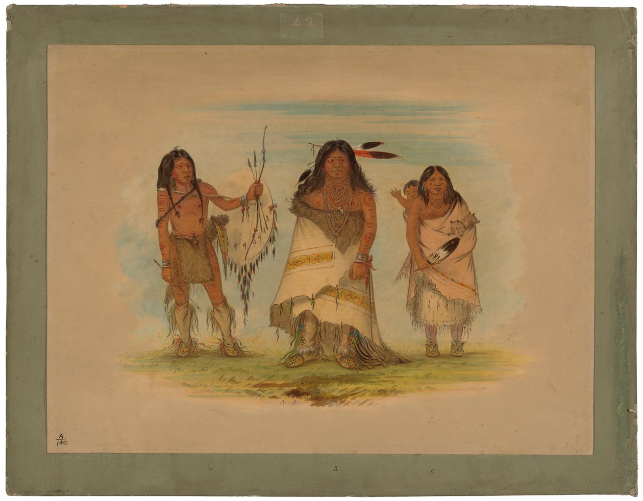 Comanche Chief, His Wife and a Warrior, 1861 (olie på kort monteret på pap) af George Catlin