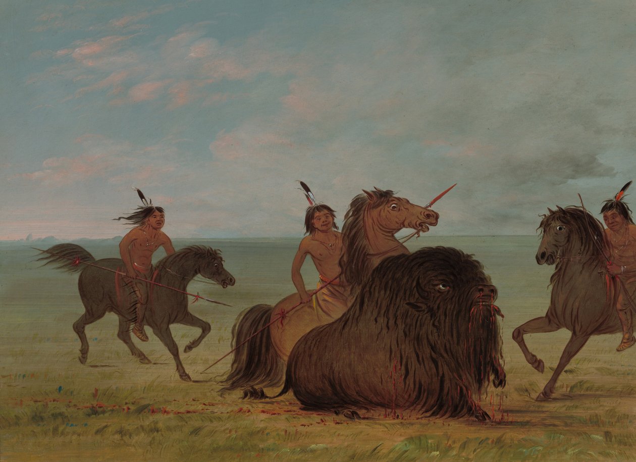 Camanchees Lancing a Buffalo Bull, 18611869. af George Catlin