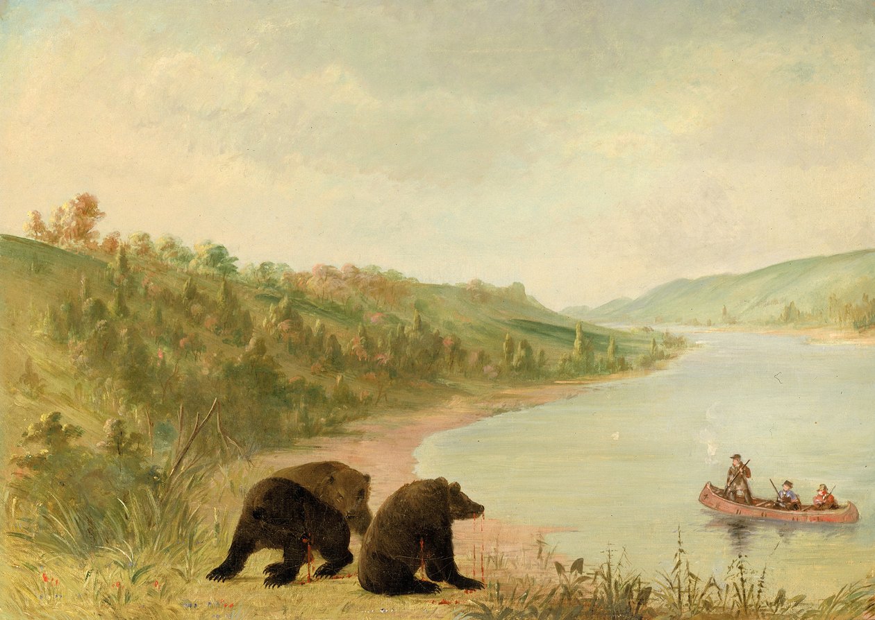 Catlin og hans mænd i deres kano, indtrængende opfordret til at komme i land, Upper Missouri, 1846-1848. af George Catlin