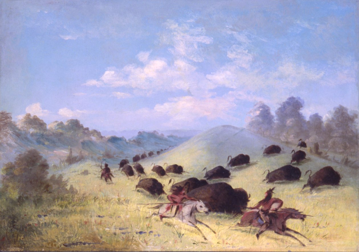 Comanche-indianere, der jagter bøfler med lanser og buer, 1846-1848. af George Catlin