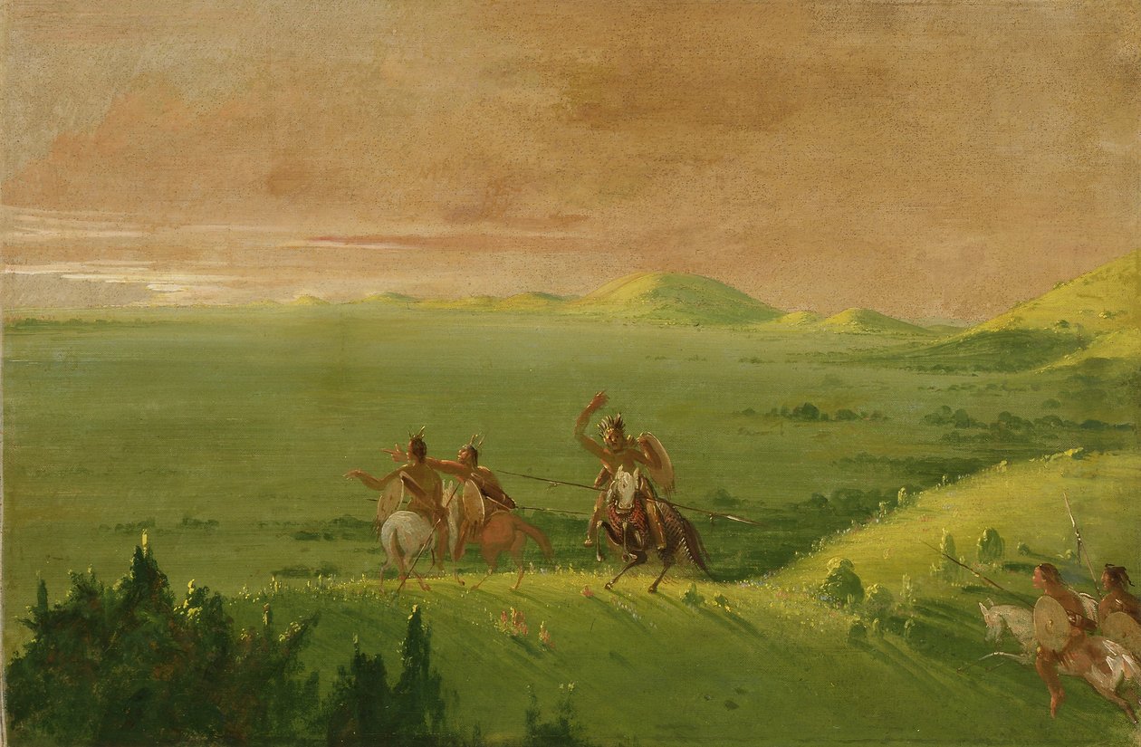 Comanche-krigsfest, høvding opdager fjenden og opfordrer sine mænd ved solopgang af George Catlin
