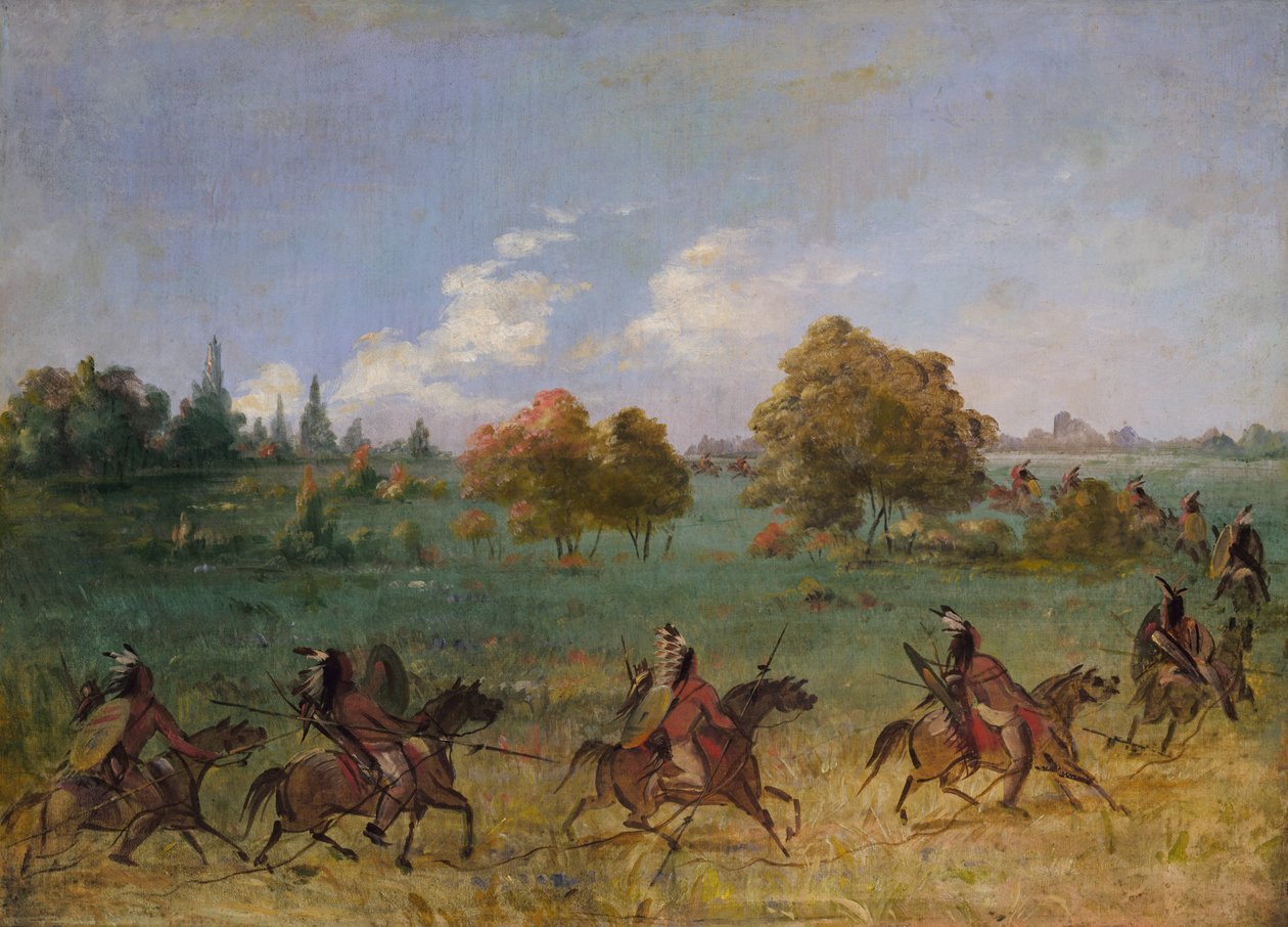Comanche-krigsfesten i marts, fuldt udstyret, 1846-1848. af George Catlin