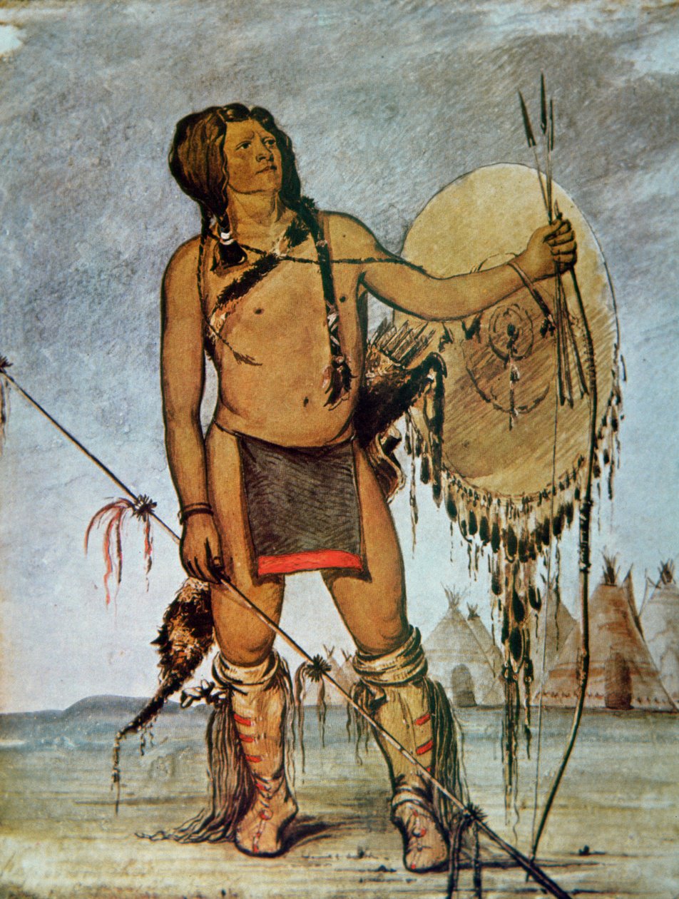 Comanche-kriger med skjold, lanse og bue og pile, ca. 1835 (farve litho) af George Catlin