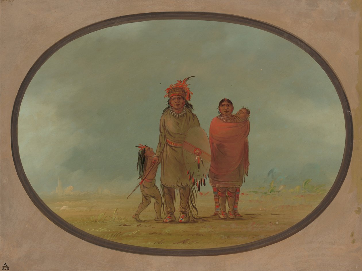Kobberhøvding, hans kone og børn, 18551869. af George Catlin