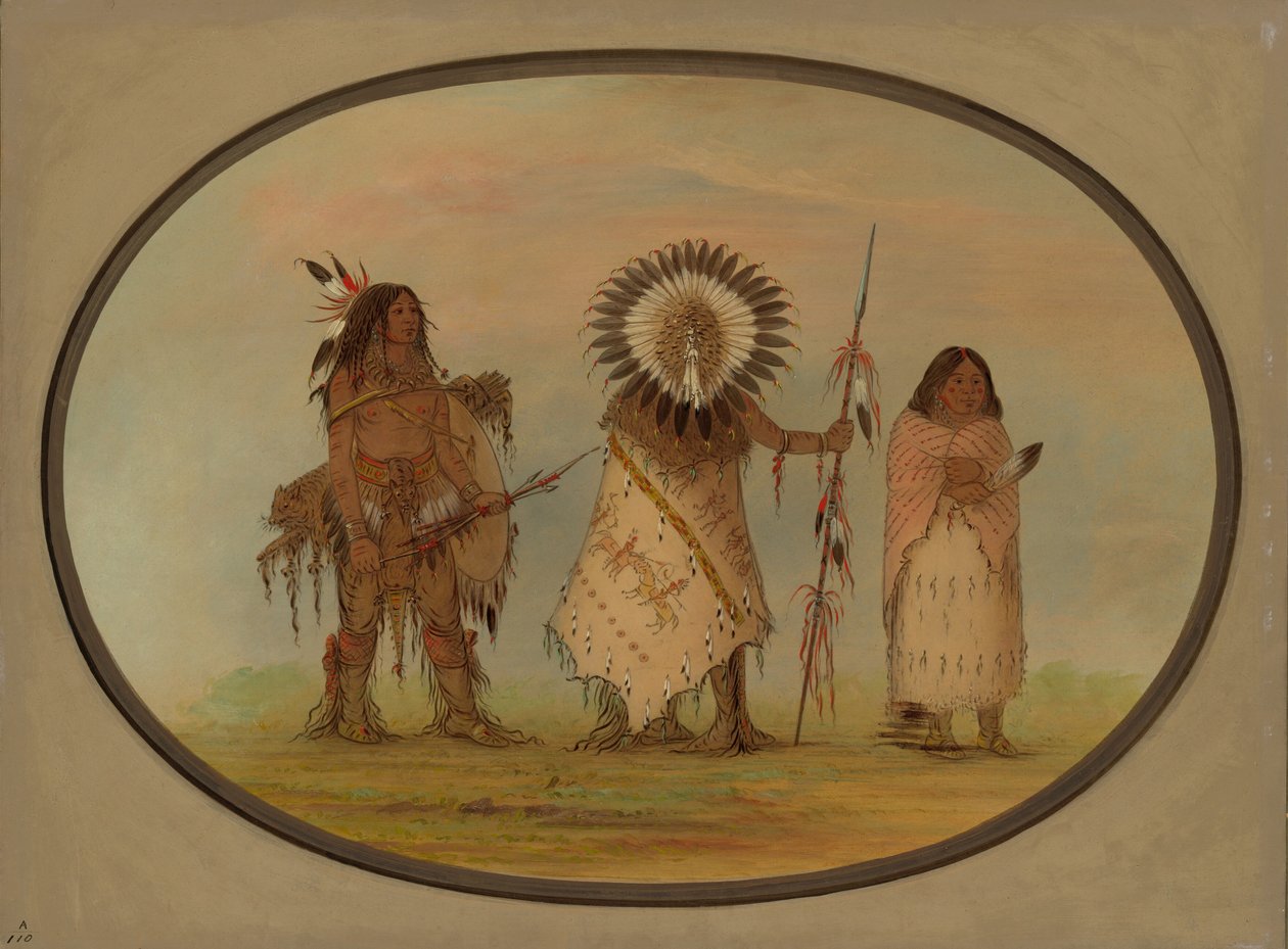Kragehøvding, hans kone og en kriger, 18611869. af George Catlin