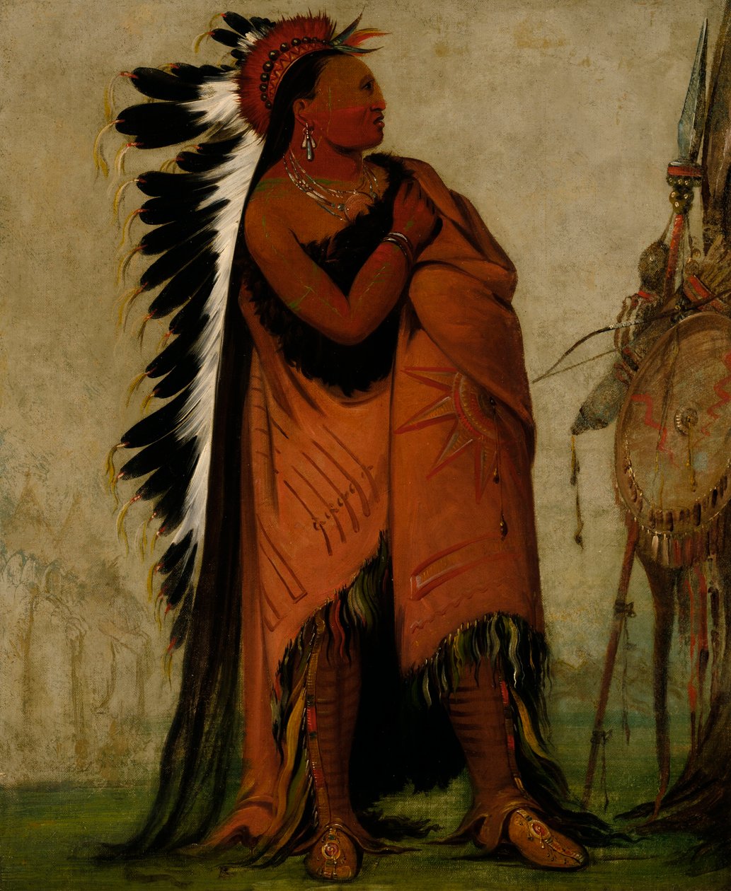 Eé-hee-a-duck-cée-a, han, der binder sit hår før af George Catlin