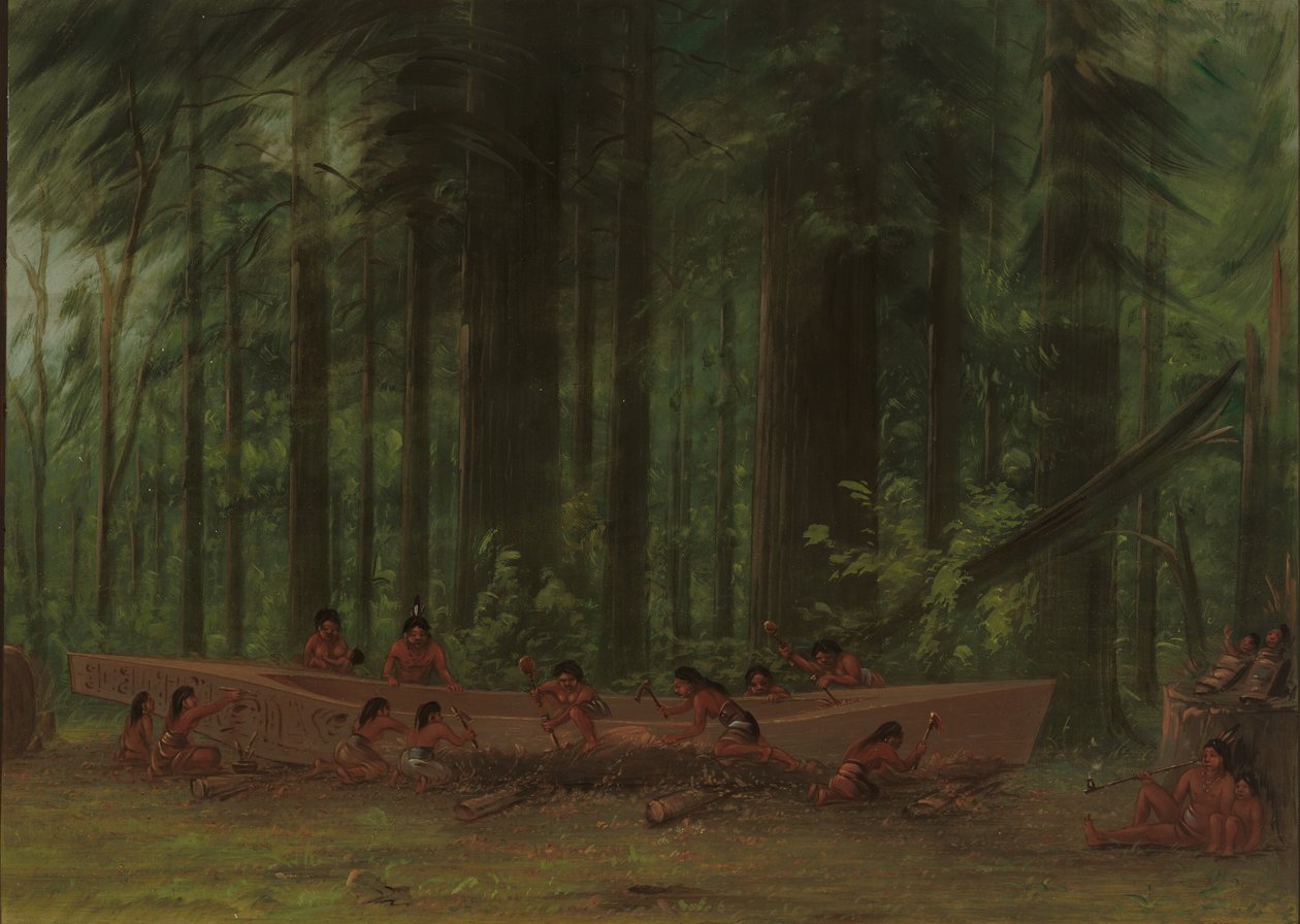 Udgravning af en kano - Nayas-indianere, 18551869. af George Catlin