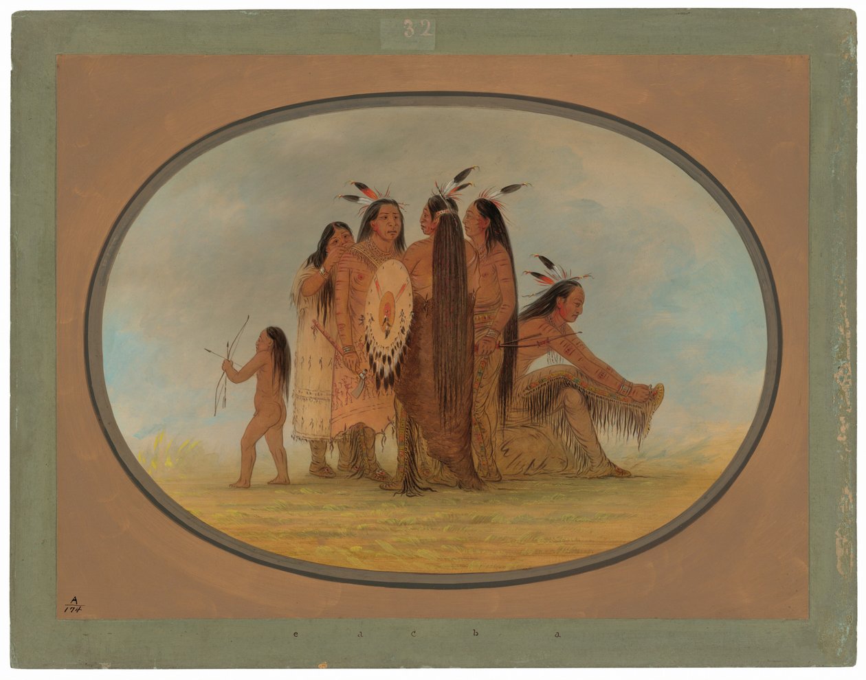 Fire Mandan-krigere, en pige og en dreng af George Catlin