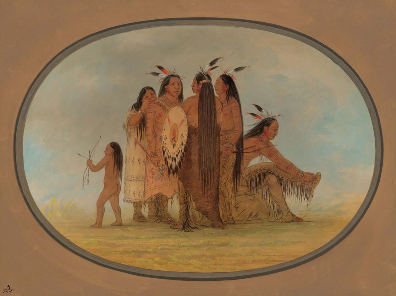 Fire Mandan-krigere, en pige og en dreng, 18611869. af George Catlin