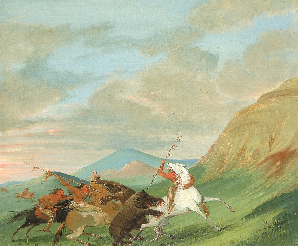 Grizzlybjørne angriber indianere på hesteryg af George Catlin