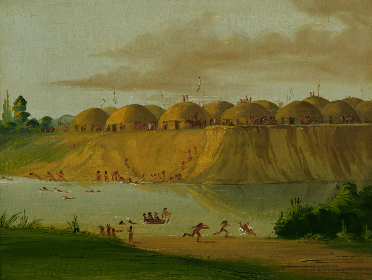 Hidatsa Village, Jorddækkede Lodges, ved Knife River, 1810 Miles over St. Louis, 1832. af George Catlin