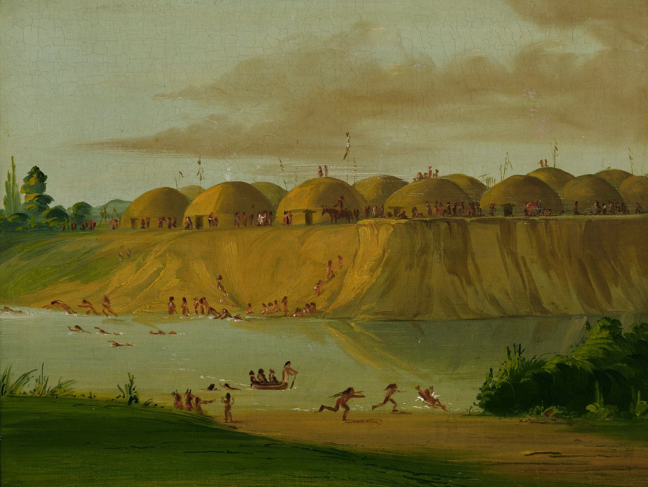 Hidatsa-landsby, jorddækkede hytter, ved Knife River, 1810 miles over St. af George Catlin