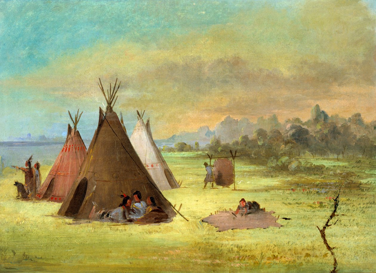 Indian Campment, Comanche eller Kiowa Dressing Skins, Red River, 1846-1848. af George Catlin