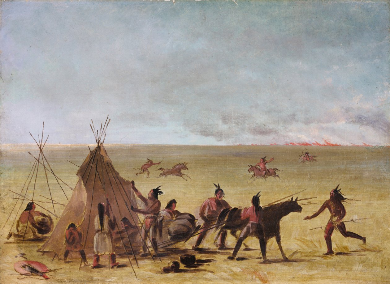 Indisk familie alarmeret ved en præriebrand nærmer sig, 1846-1848. af George Catlin