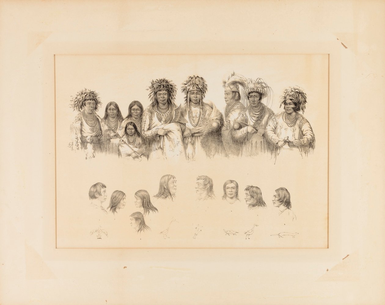 Indianere: 9 mandlige og kvindelige torsoer; 9 hoveder, profiler - nr. 28 af George Catlin
