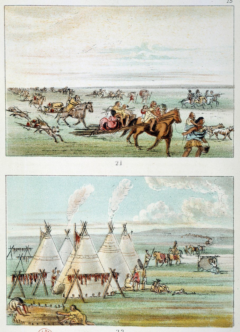 Indians of America: (øverste) stamme flytter med skind til salg. (Bund) stamme på 500 til 600 tipi. Illustration af George Catlin (1794-1872) af George Catlin