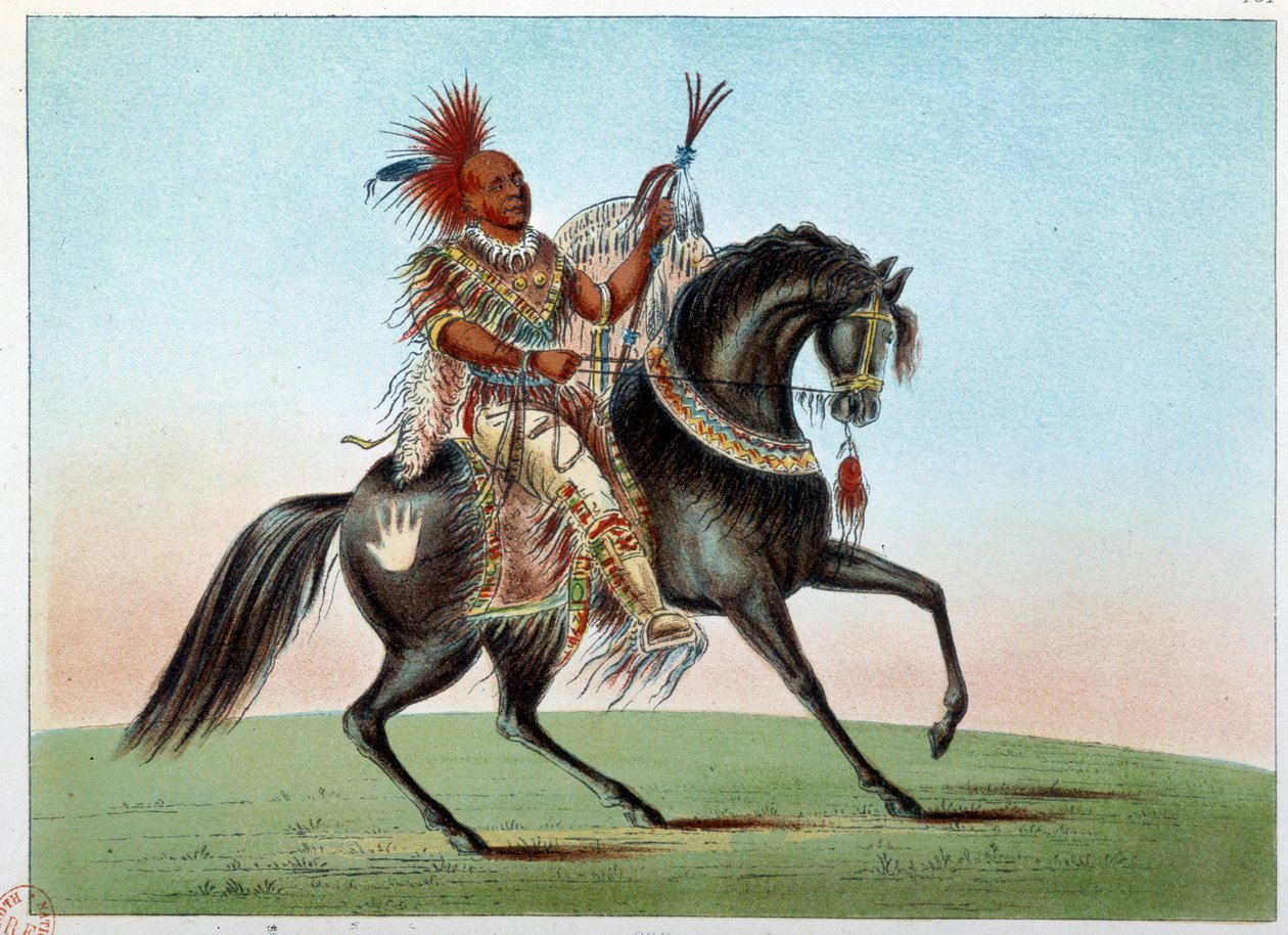 Indians of America: Ridesportræt af en indianerhøvding fra stammen Sachsen og ræve. Illustration af George Catlin (1794-1872) af George Catlin