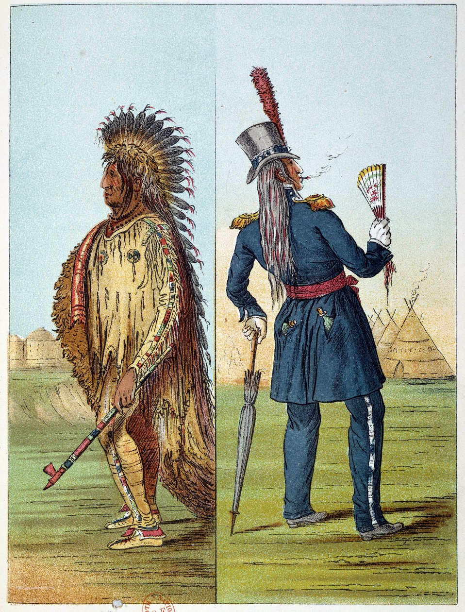 Indians of America: Indisk assiniboine-dyrlæge i militær i sine lommer to flasker whisky. Illustration af George Catlin (1794-1872) af George Catlin