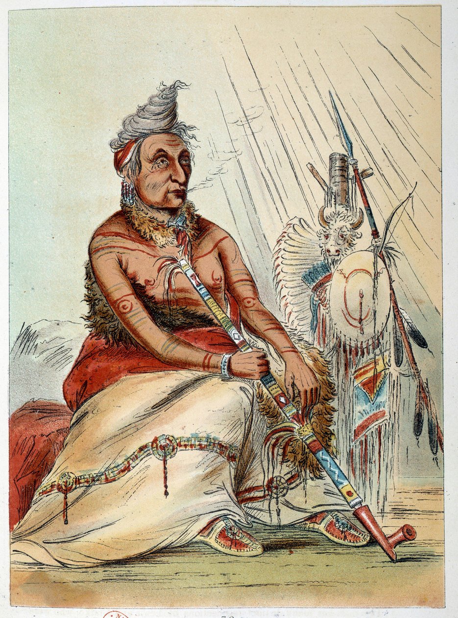 Indians of America: Portræt af en gammel indisk kok, der ryger sin pibe ved navn The Black Mocassin. Illustration af George Catlin (1794-1872) af George Catlin