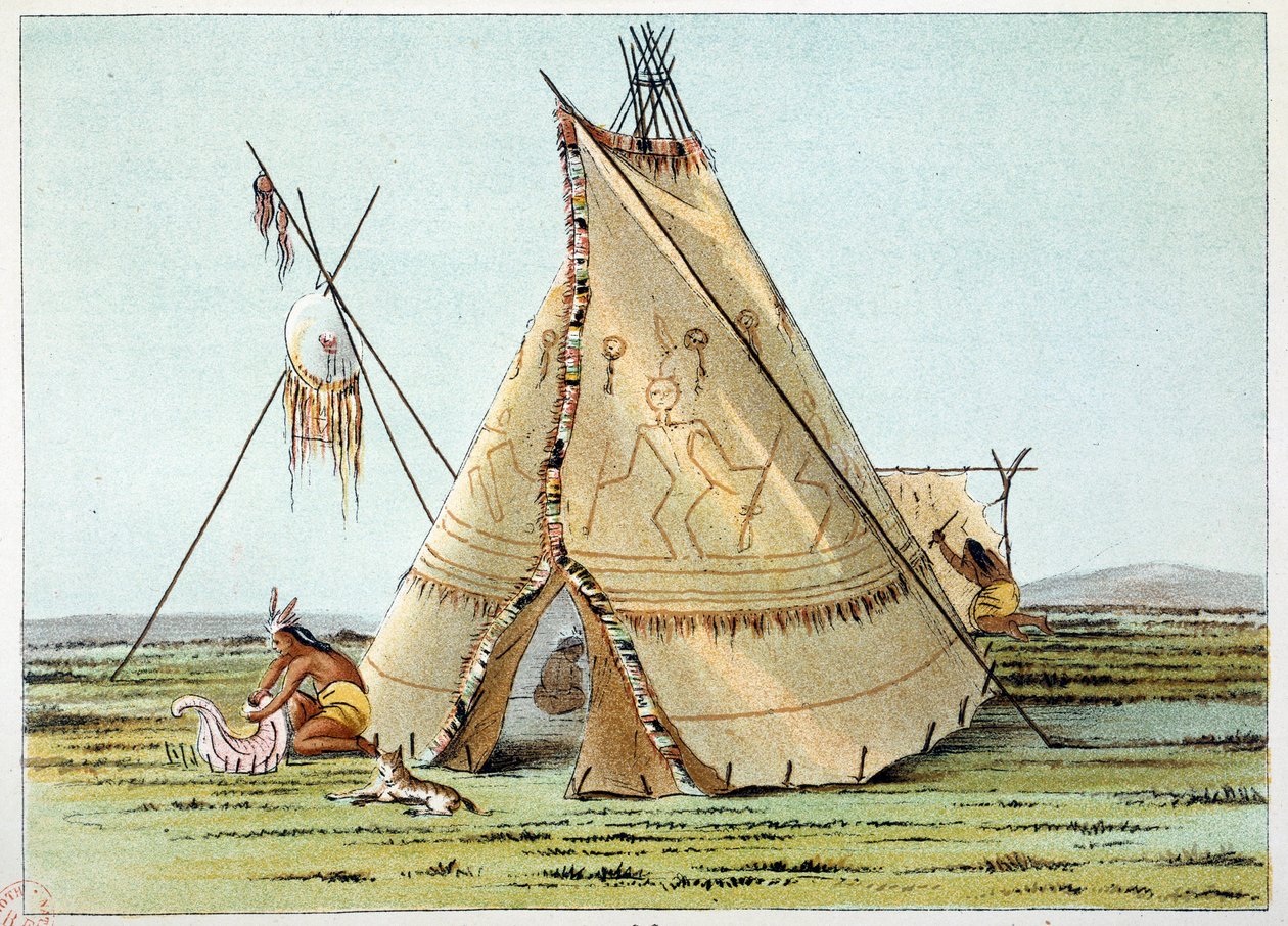 Indians of America: Tipi fra Crows-stammen toppet med piquings af porcuepics. Illustration af George Catlin (1794-1872) af George Catlin