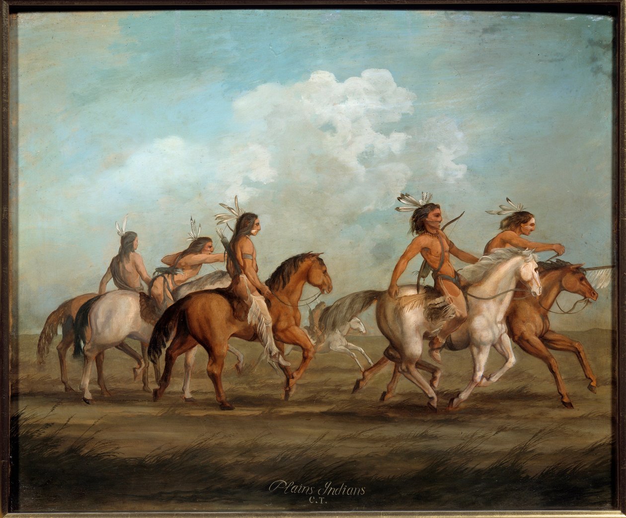 Indians of America on Horseback Maleri af George Catlin (1794-1872) (ec.bitter.) 1800-tallets La Rochelle, Musee du Nouveau Monde - indianere til hest. Maleri af George Catlin (1794-1872) (American School) af George Catlin