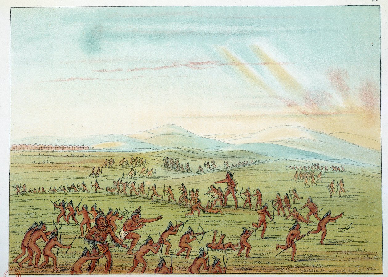 Indians of America: Undervisning i jagt for Mandans børn mellem 7 og 15 år. Illustration af George Catlin (1794-1872) af George Catlin