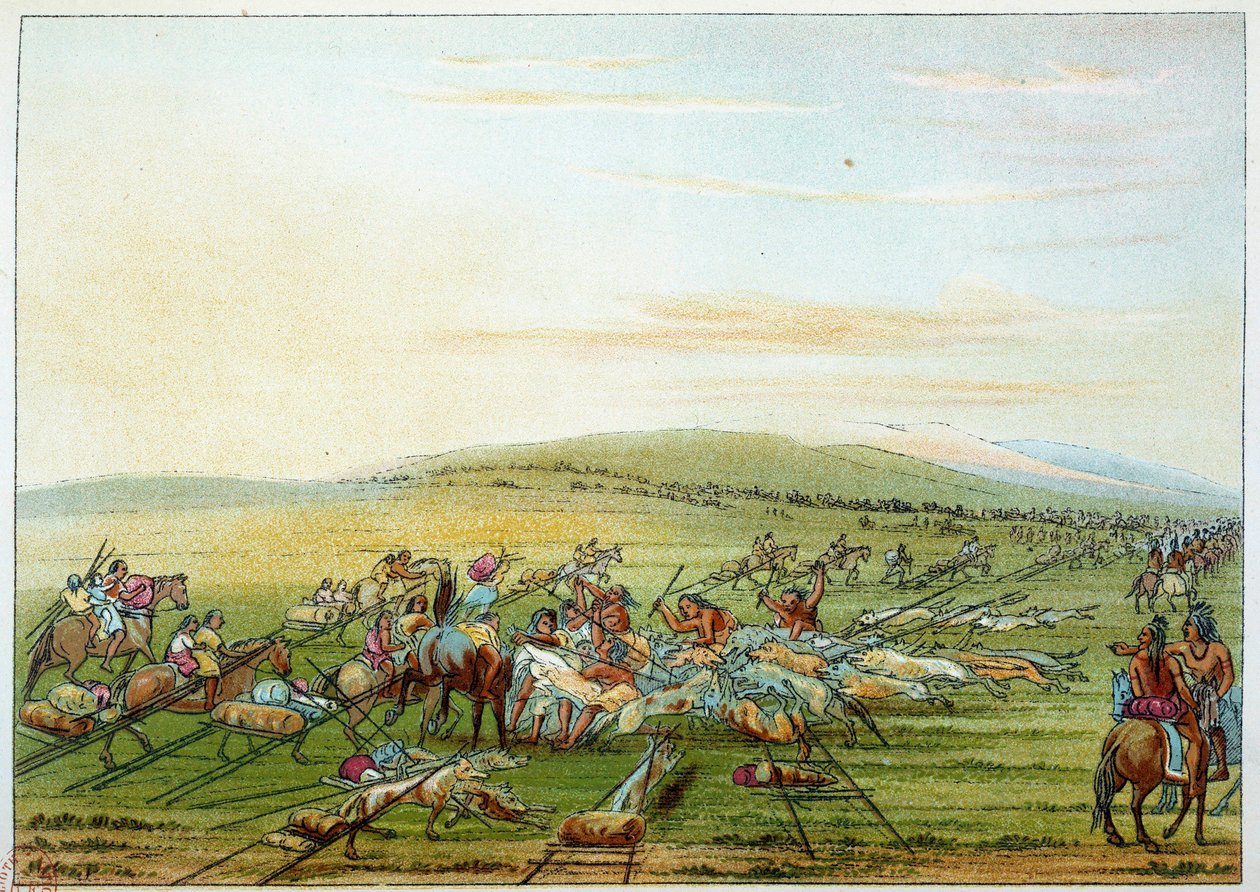 Indians of America: stamme af indianere med heste og hunde. Illustration af George Catlin (1794-1872) af George Catlin