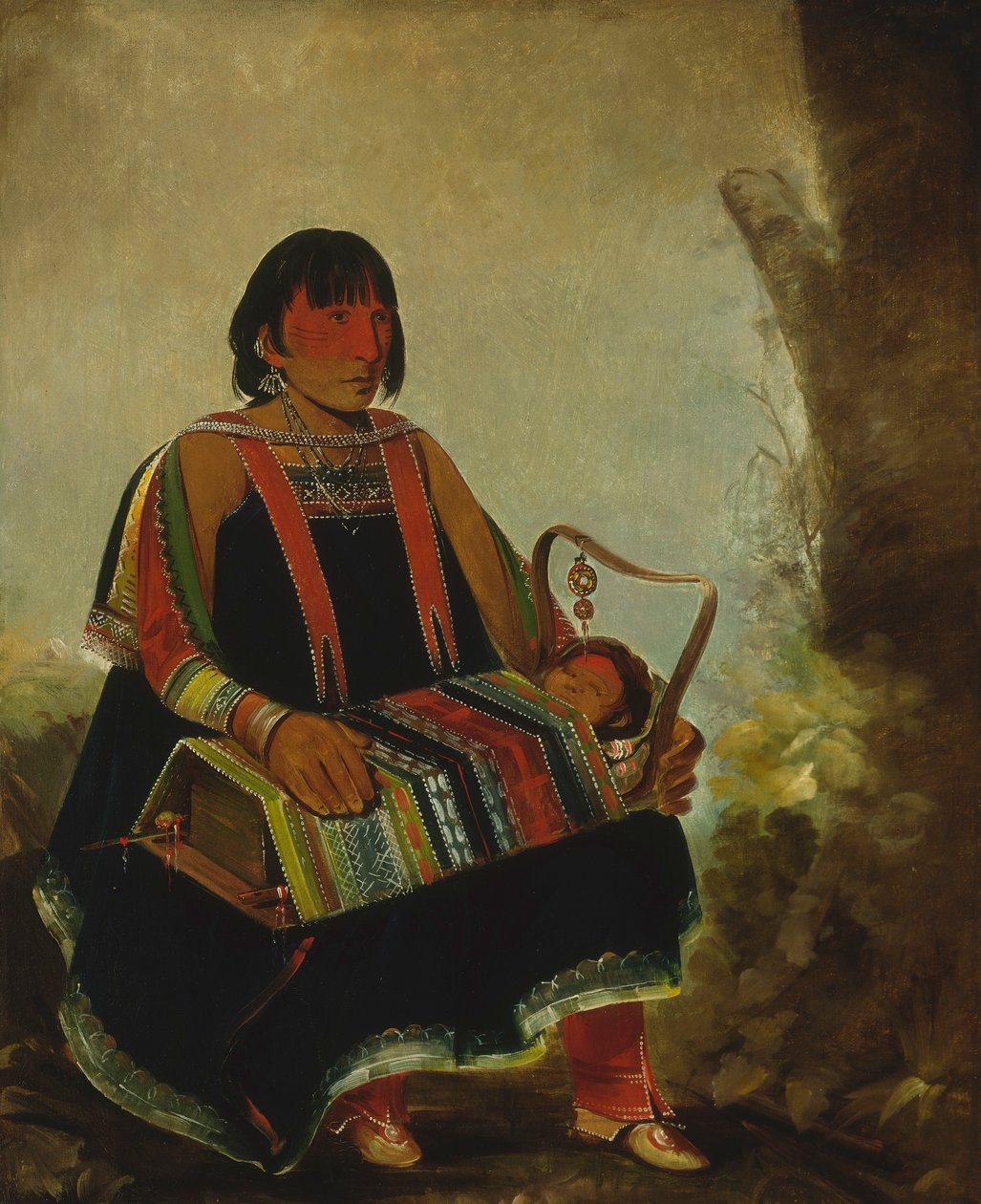 Jú-ah-kís-gaw, kvinde med sit barn i en vugge af George Catlin