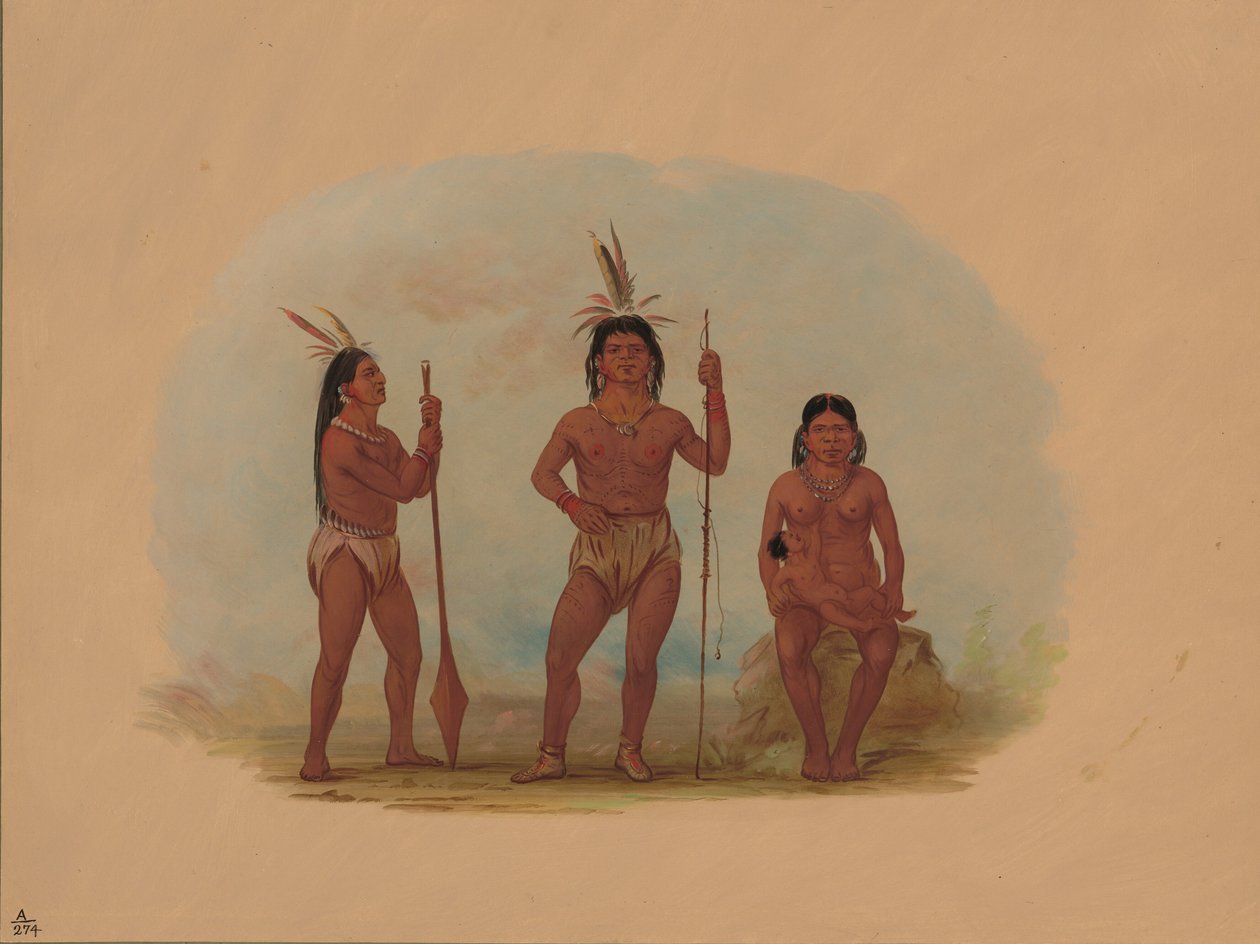 Klahoquaht-høvding, hans kone og søn, 18551869. af George Catlin