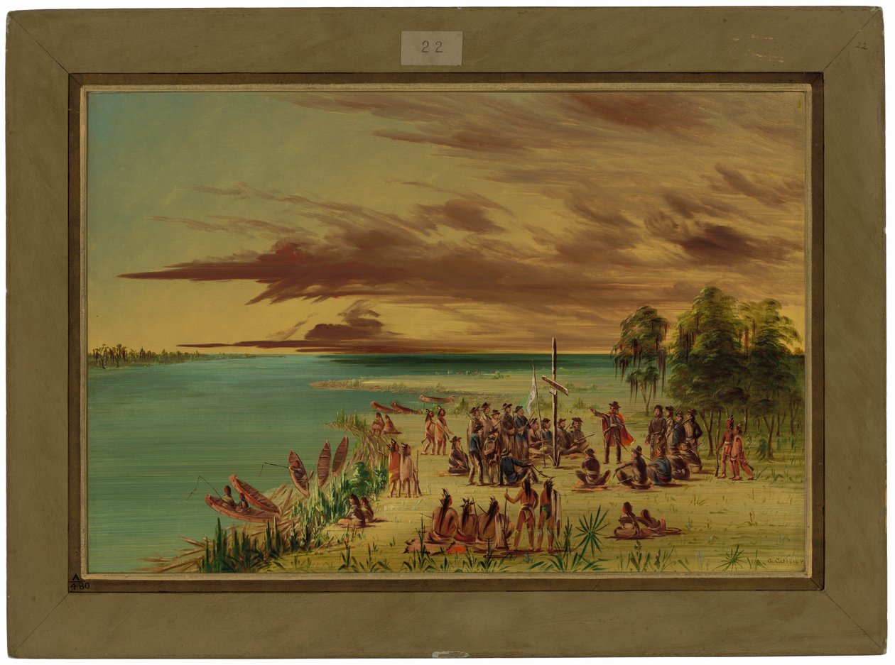 La Salle gør krav på Louisiana for Frankrig.  9. april 1682 af George Catlin