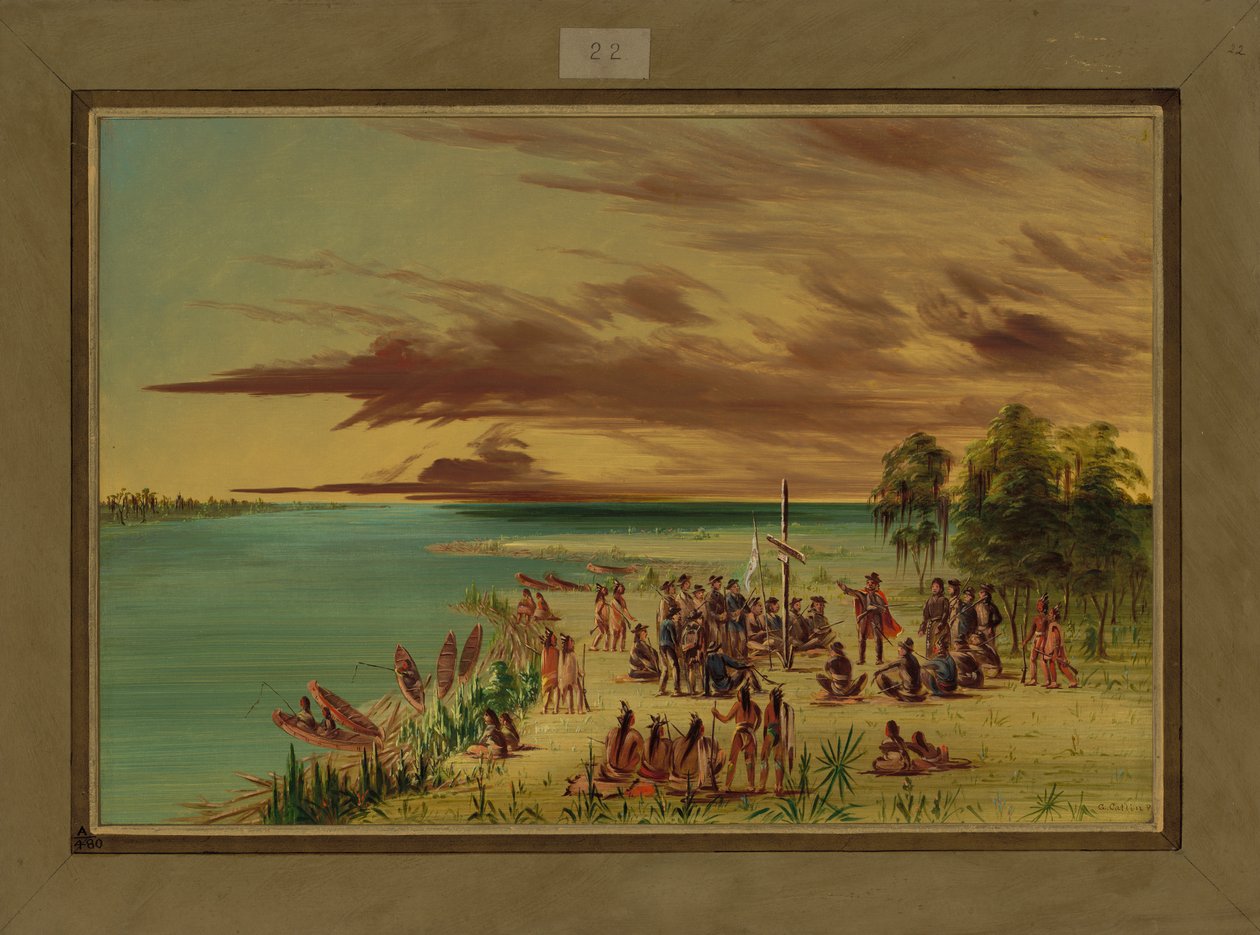 La Salle hævder Louisiana for Frankrig, 9. april 1682, 1847-48 af George Catlin