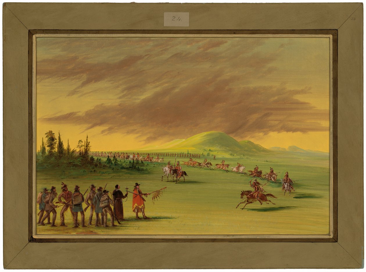 La Salle møder en krigsgruppe af Cenis-indianere på en prærie i Texas.  25. april 1686 af George Catlin