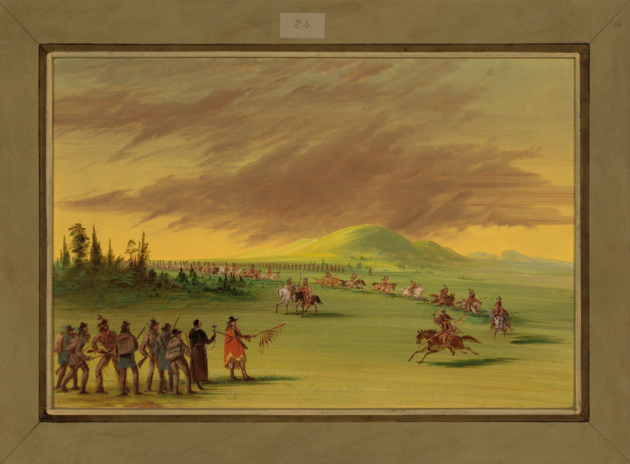 La Salle møder et krigsparti af Cenis-indianere på en prairie i Texas, 25. april 1686, 1847-48 af George Catlin