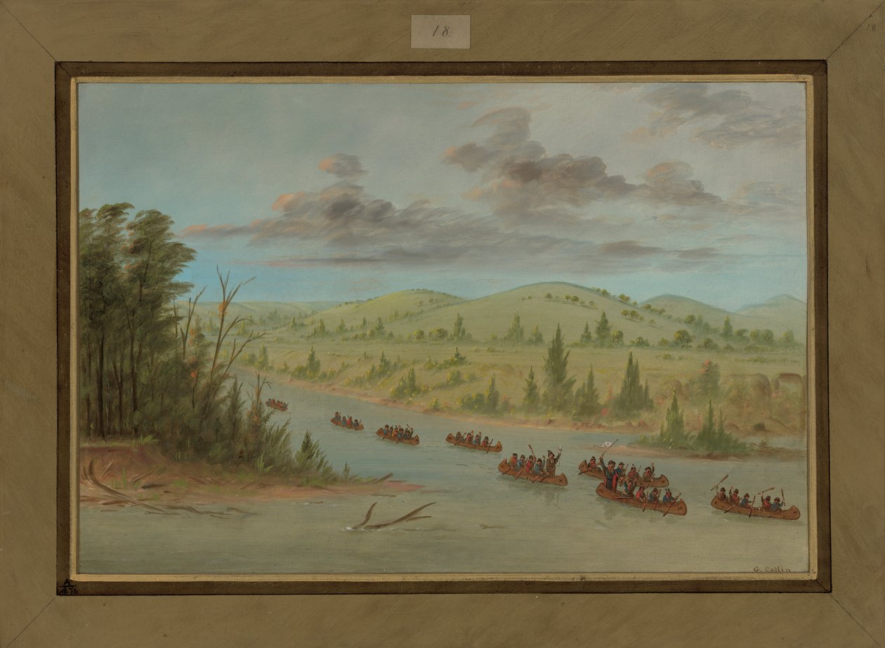 La Salles fest på vej ind i Mississippi i kanoer, 6. februar 1682, 1847-48 af George Catlin