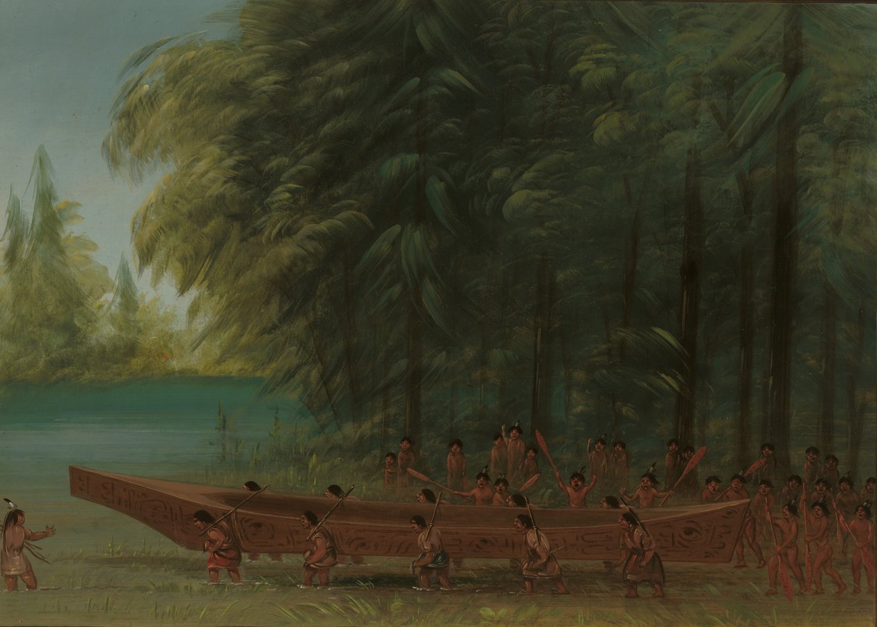 Lancering af en kano - Nayas-indianere, 18551869. af George Catlin