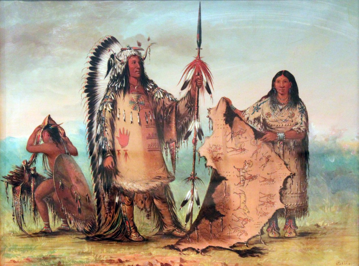 Mandan: Mato-Tope med kone og søn. Bisonkappen, som hans kone holder, viser hans heroiske krigshandlinger. af George Catlin
