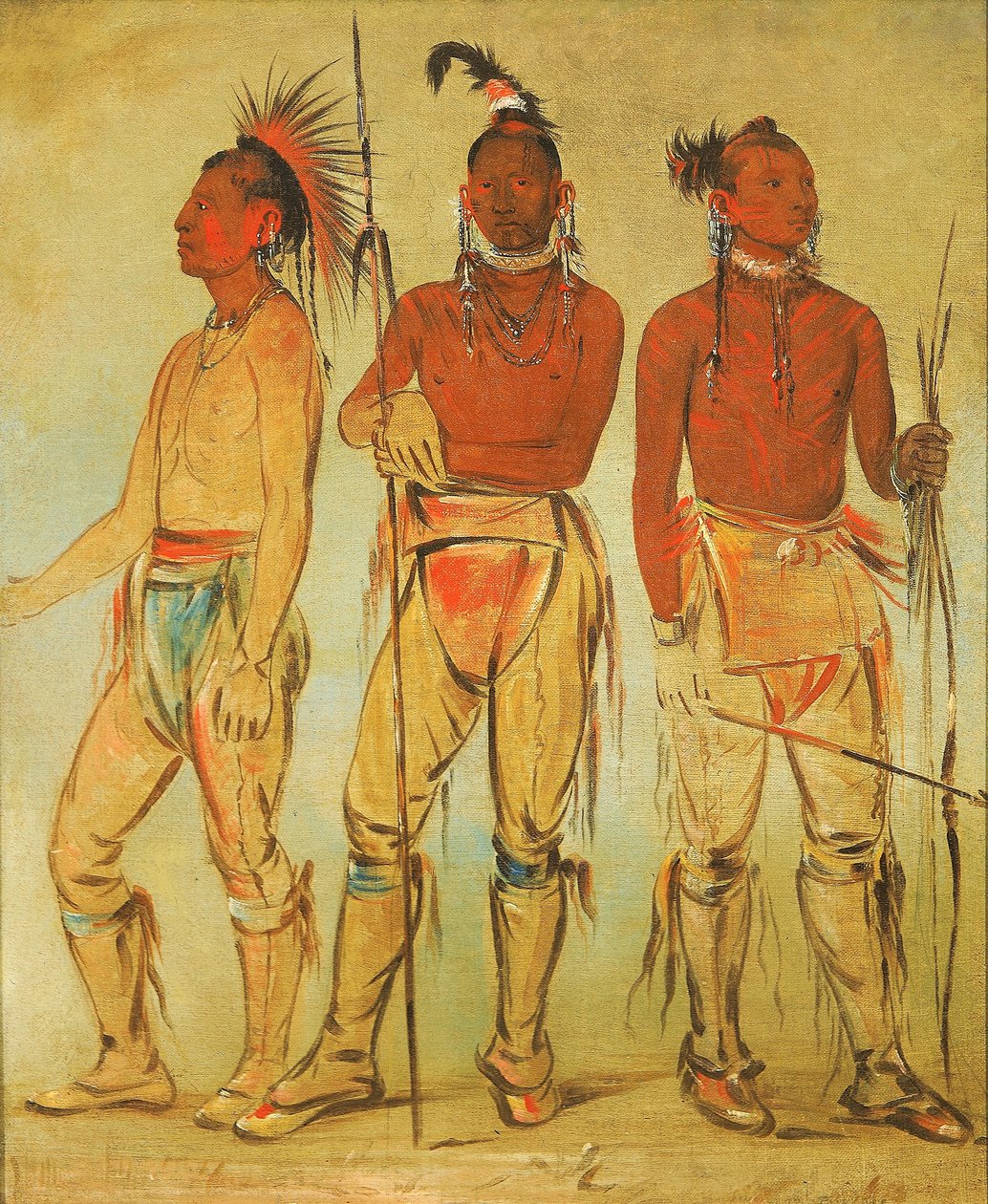 Mun-ne-pús-kee, Han som ikke er bange; Ko-ha-túnk-a, Store Krage; og Nah-cóm-ee-shee, Sengens mand, Tre unge krigere af George Catlin