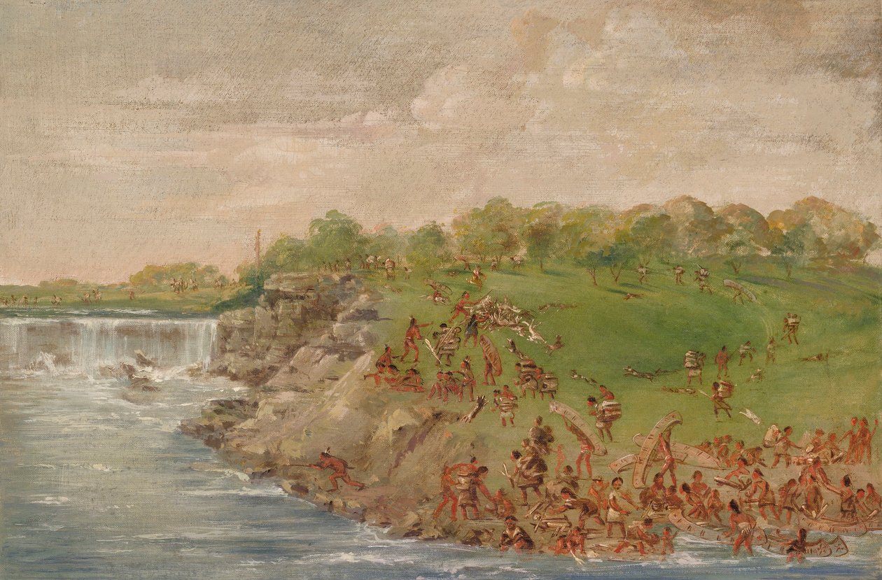 Ojibwa på vej rundt om vandfaldene ved St. Anthony af George Catlin