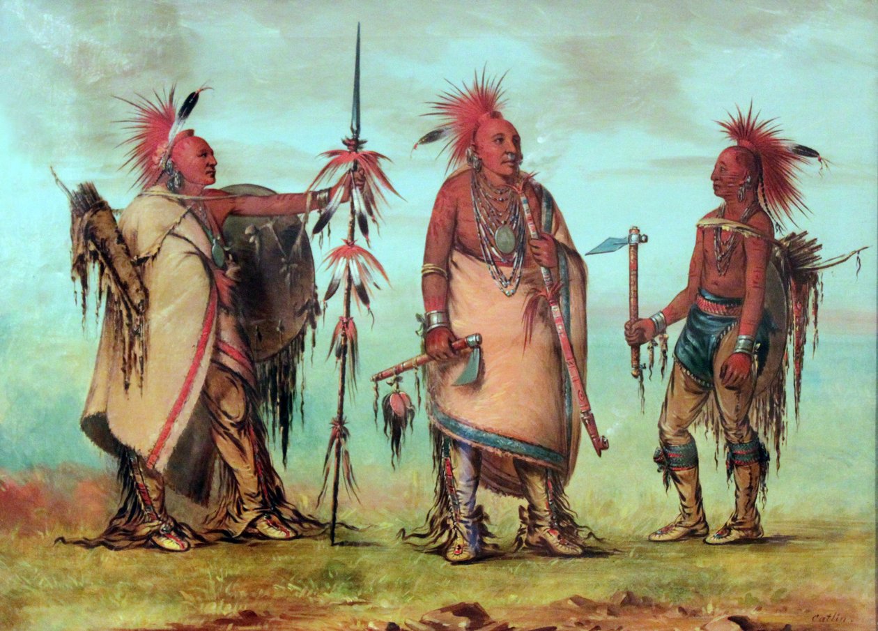 Osage: Tal-lee, Black Dog og Big Crow iført kakerlakker lavet af rødfarvet hjortehår af George Catlin