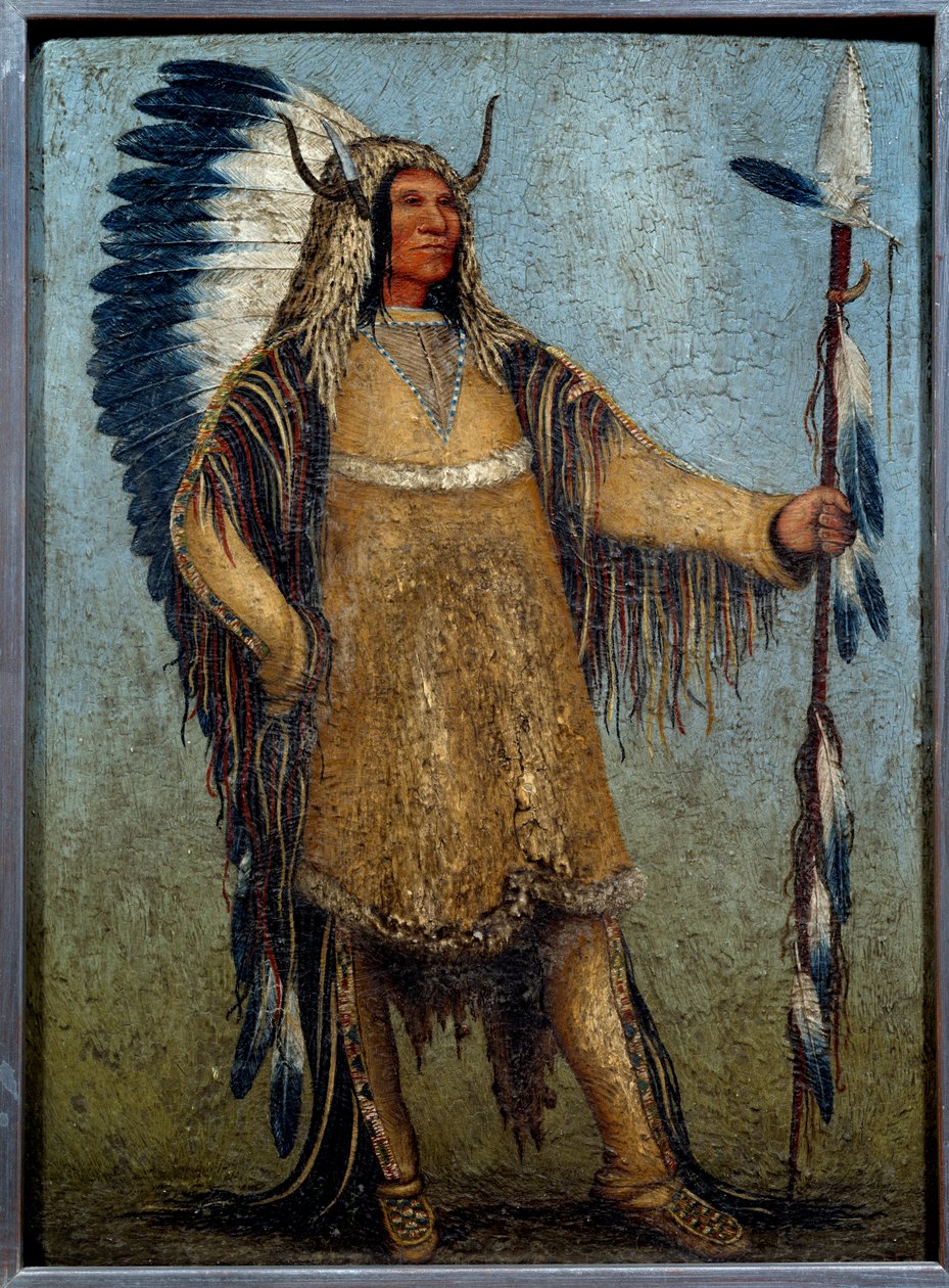 Portræt i fuld længde af en indie-dirigent i festlig kostume Maleri af George Catlin (1794-1872) af George Catlin