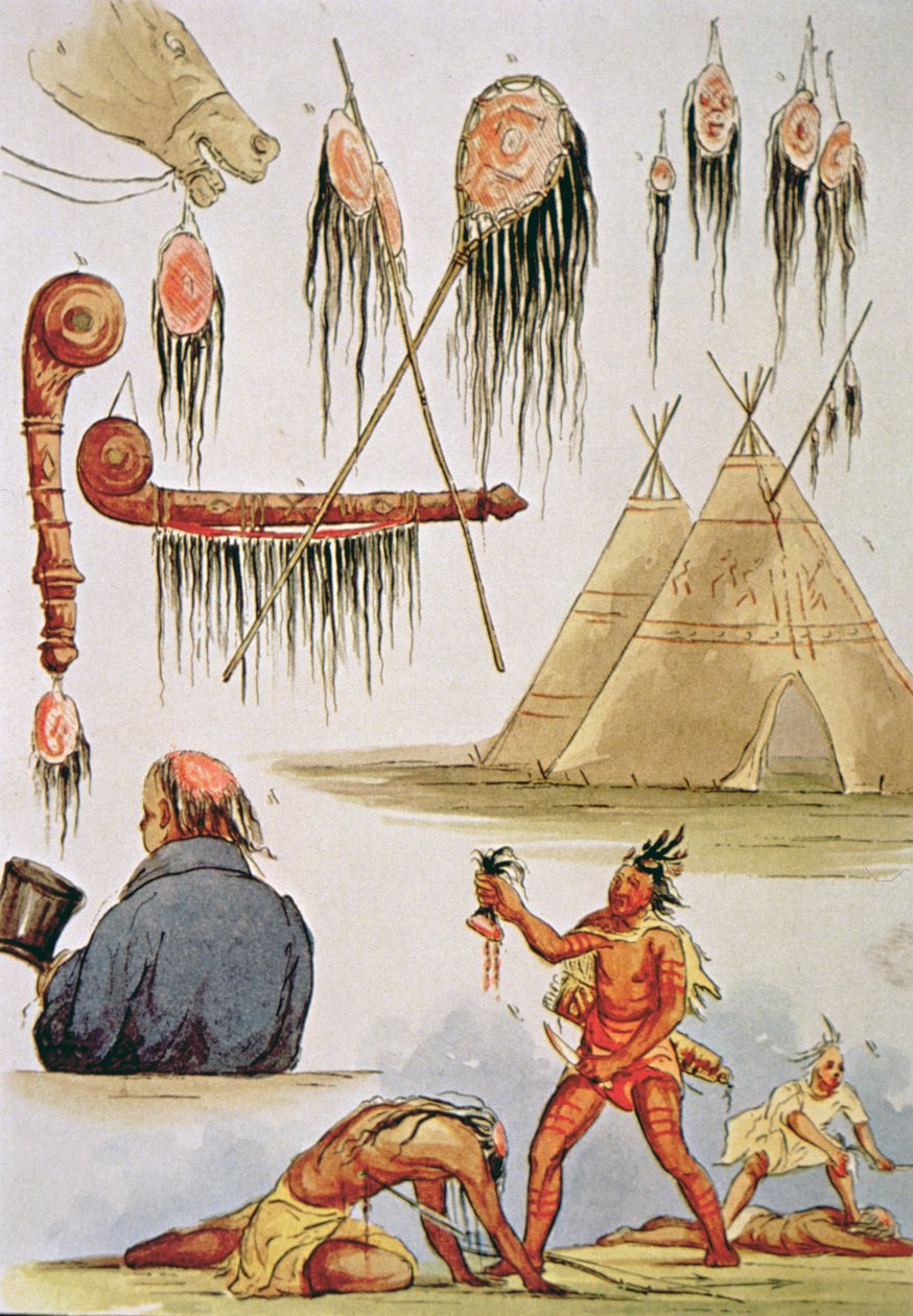 Skalpering og dekorativ brug af hovedbund (akvarel på papir) af George Catlin