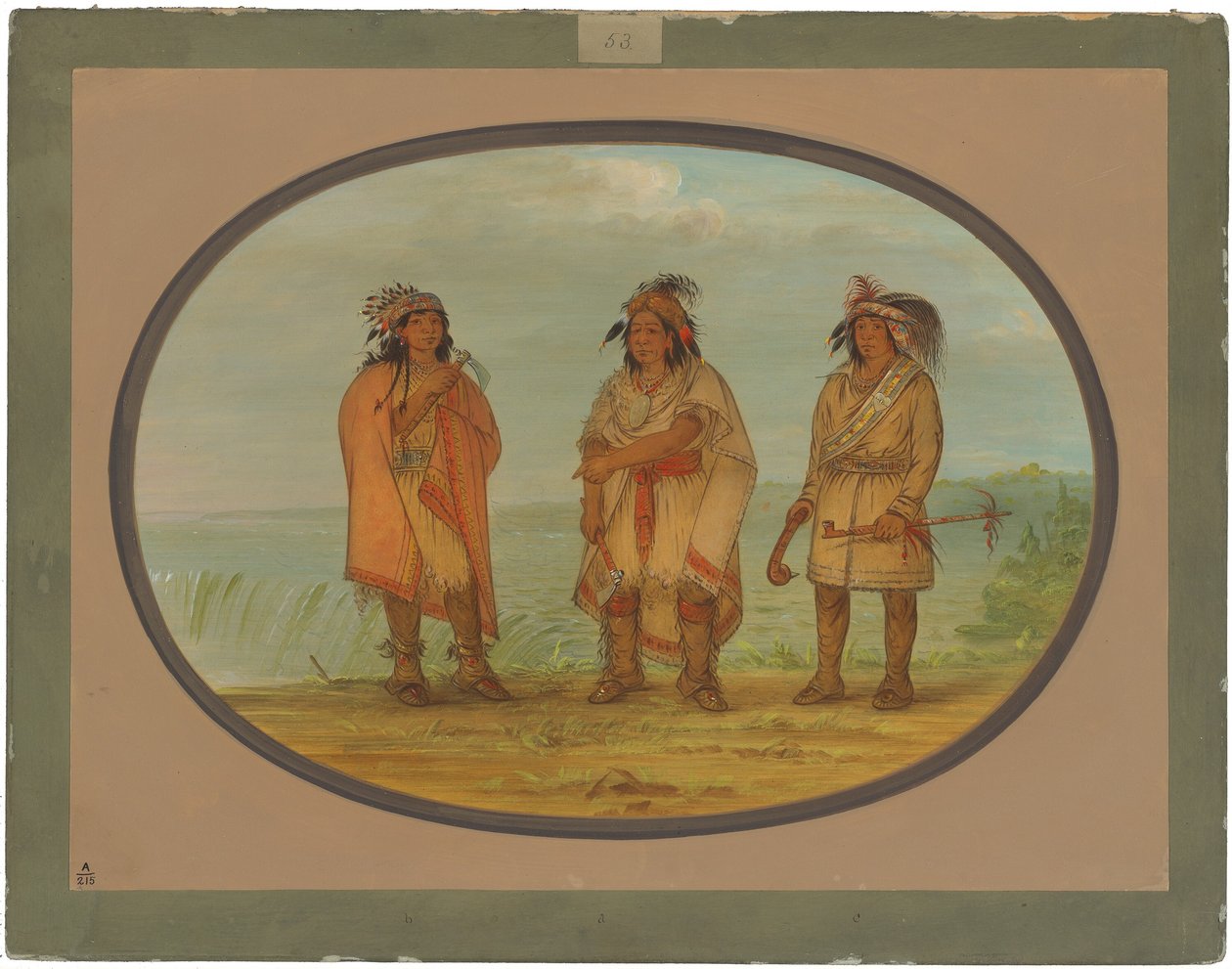 Seneca Chief, rød jakke, med to krigere af George Catlin