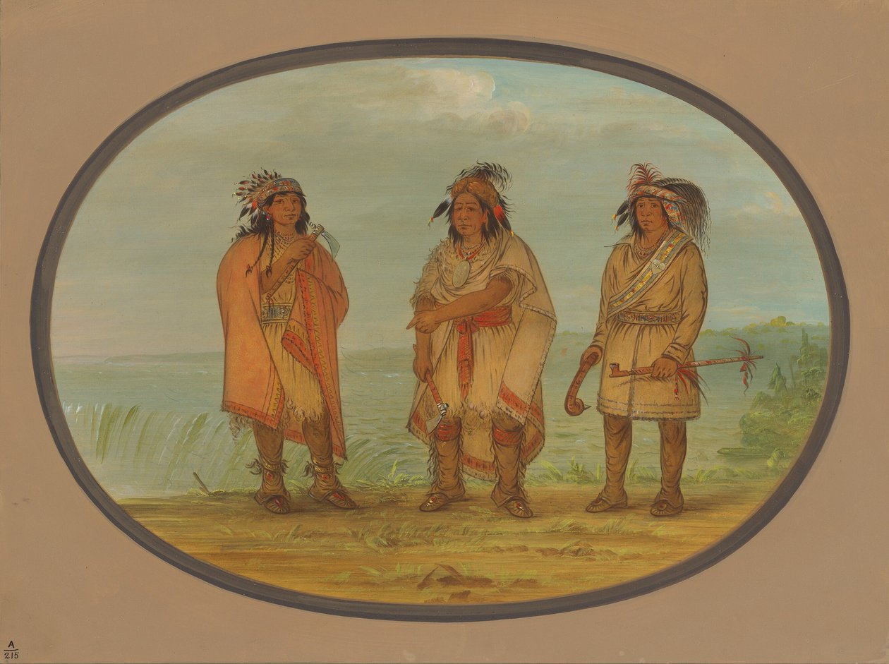 Seneca Chief, rød jakke, med to krigere, 18611869. af George Catlin