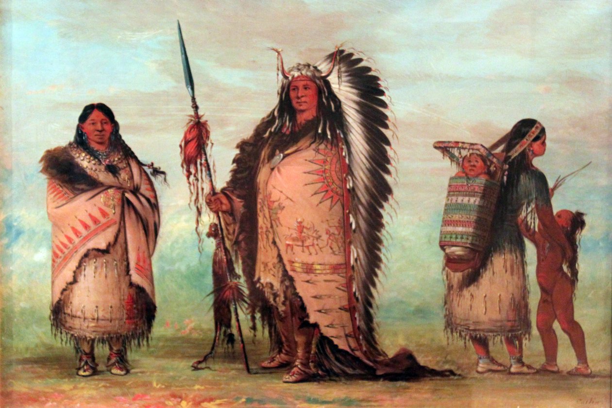 Sioux: Black Rock med familie. Høvdingen viser stolt sine æresemblemer frem, bl.a. en lanse med skalp. af George Catlin