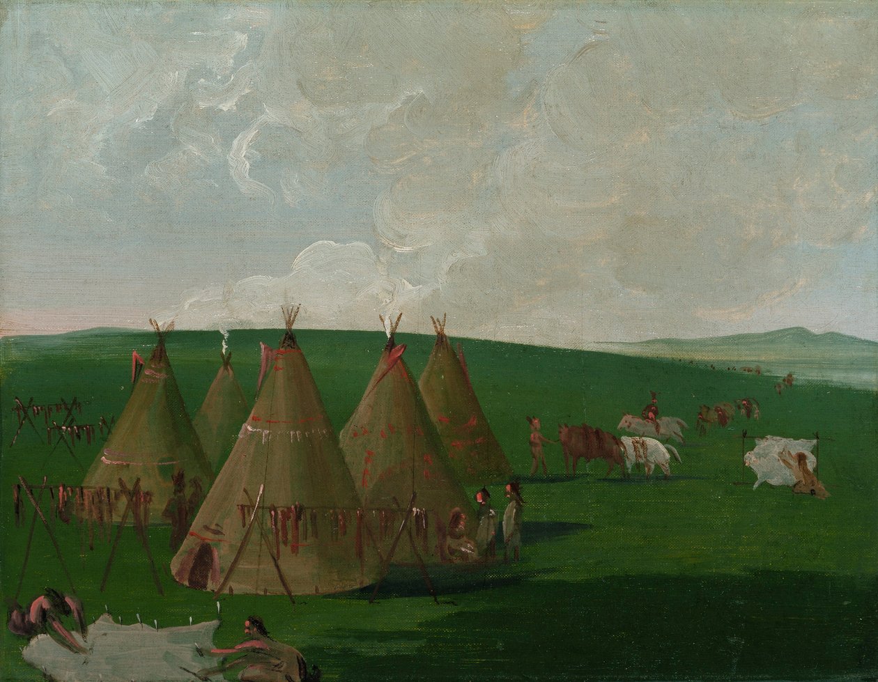 Siouxer i lejr ved Upper Missouri i færd med at tilberede bøffelkød og klæder af George Catlin