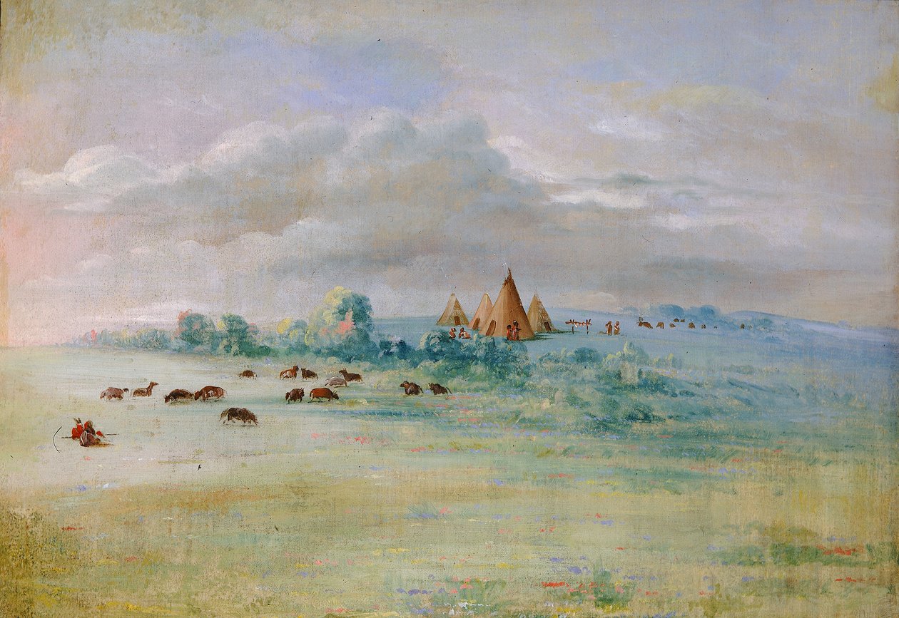 Sioux Village, Lake Calhoun, nær Fort Snelling af George Catlin